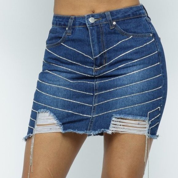 Distressed Denim Skirt with Rhinestone Trim - Picture 1 of 6
